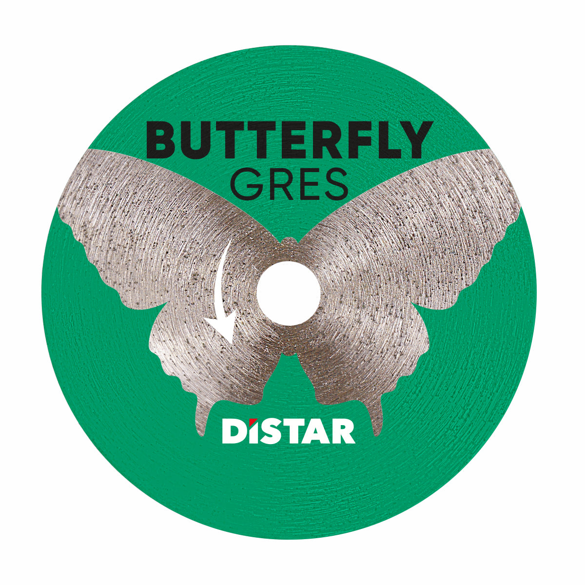 A green colored cutting disc with 'BUTTERFLY GRES' and 'DiSTAR' branding, primarily used for cutting tiles.