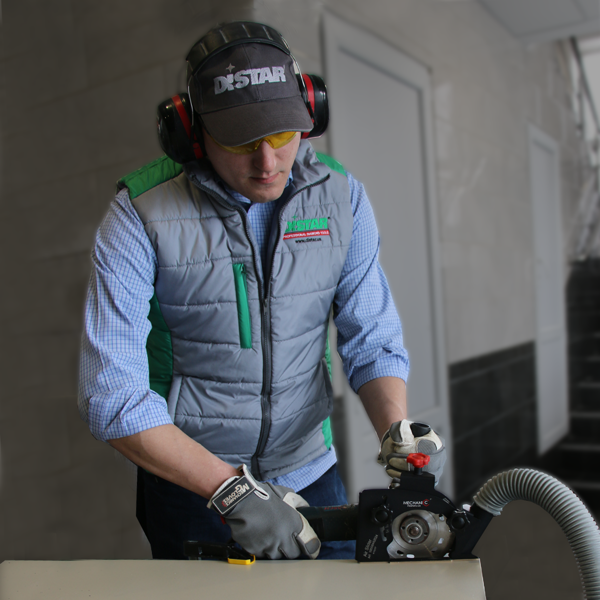 19568442124_4 AirSLIDER cutting guard attached to angle grinder cutting ceramic tile