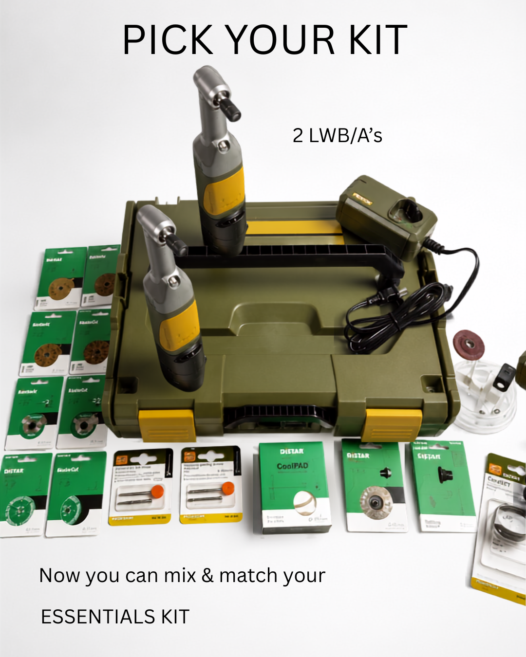Proxxon Distar Essentials Kit that includes lboxx angle grinders and/or WP/A polisher diamond blades grinding cups drill bits water guard and sturdy case