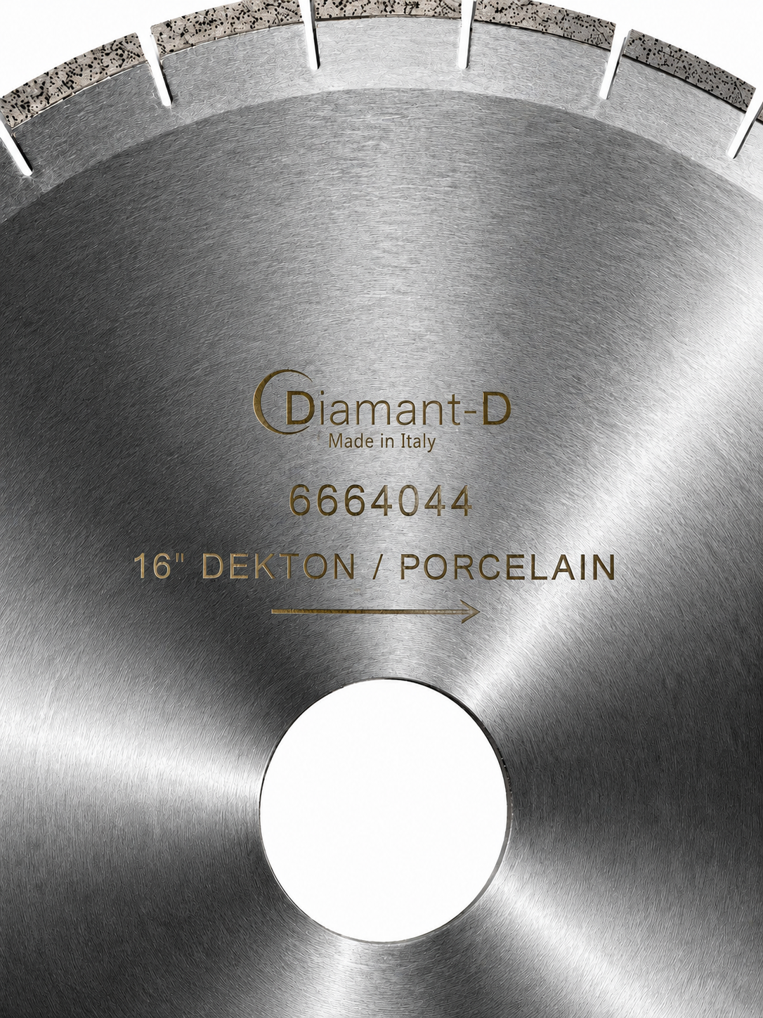 Close-up of a Diamant-D 16-inch diamond blade for cutting porcelain, showing the metallic steel body, a central circular opening, and the branded product text on the surface.