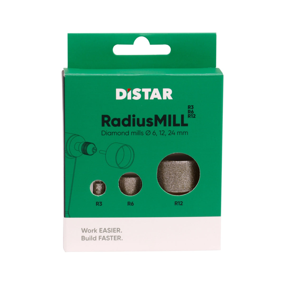 Distar RadiusMill diamond mill bits in its green and white retail packaging, showing sizes R3, R6, and R12.