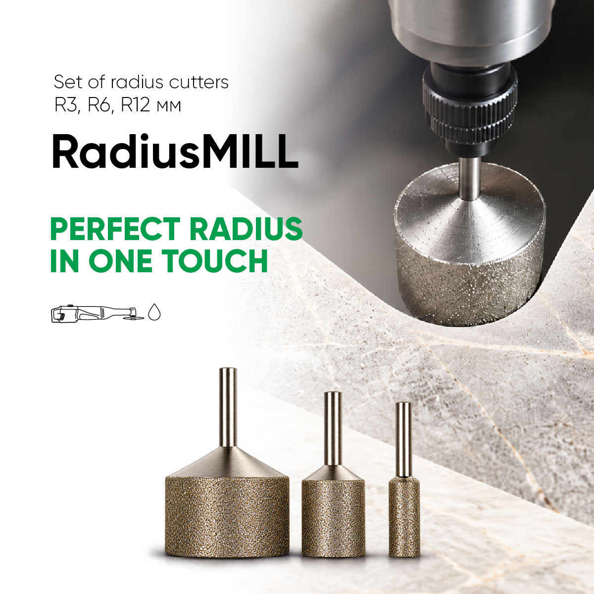 Three RadiusMILL radius cutters in different sizes (R3, R6, R12 mm) displayed on a light marble surface, with a close-up of one cutter being used by a drill press in the top right corner. Text overlays read 'Set of radius cutters R3, R6, R12 MM RadiusMILL PERFECT RADIUS IN ONE TOUCH'.