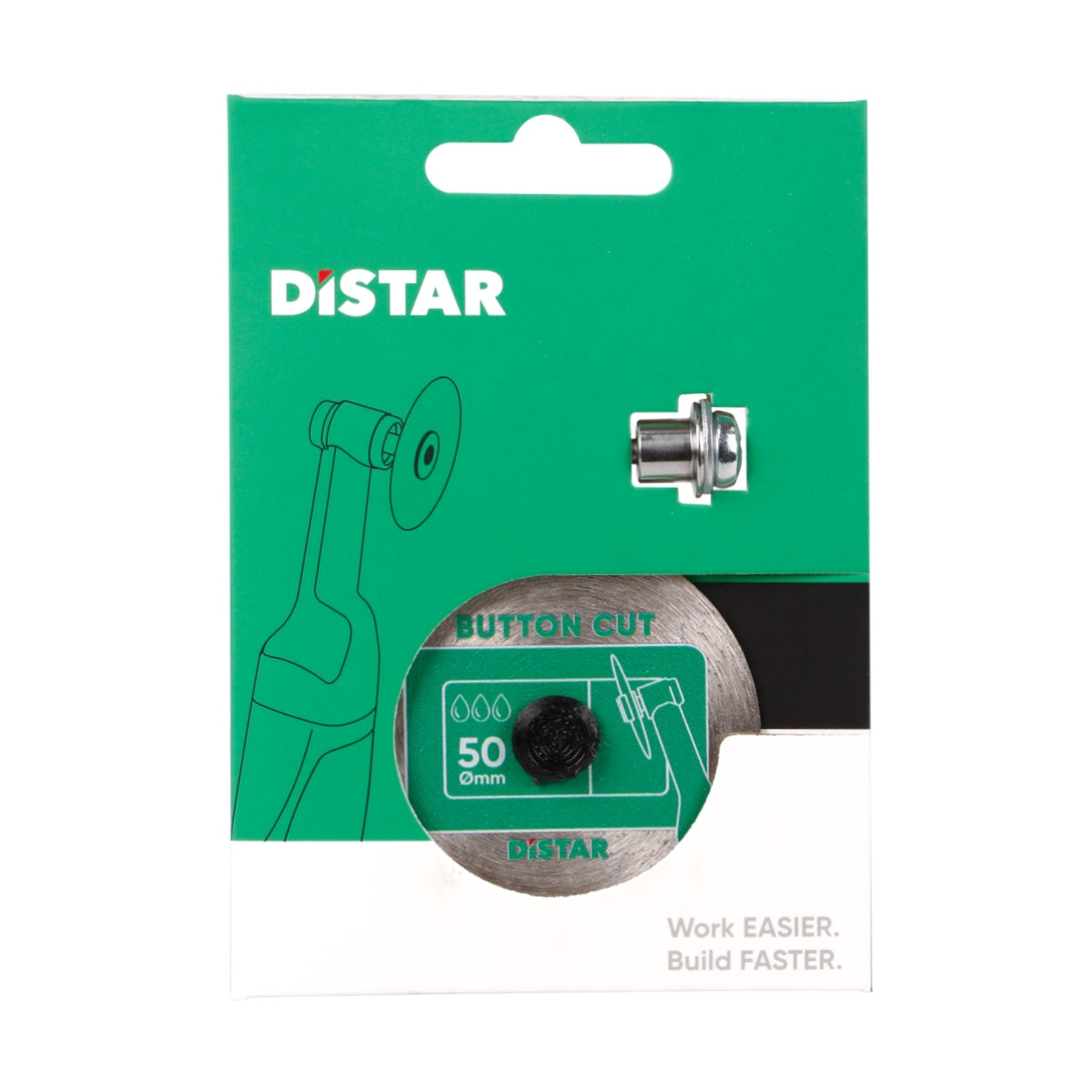 Distar 50mm button-cut circular saw blade in its original green and white retail packaging, featuring a graphic of a cordless tool and a small inset photo of the metal blade.