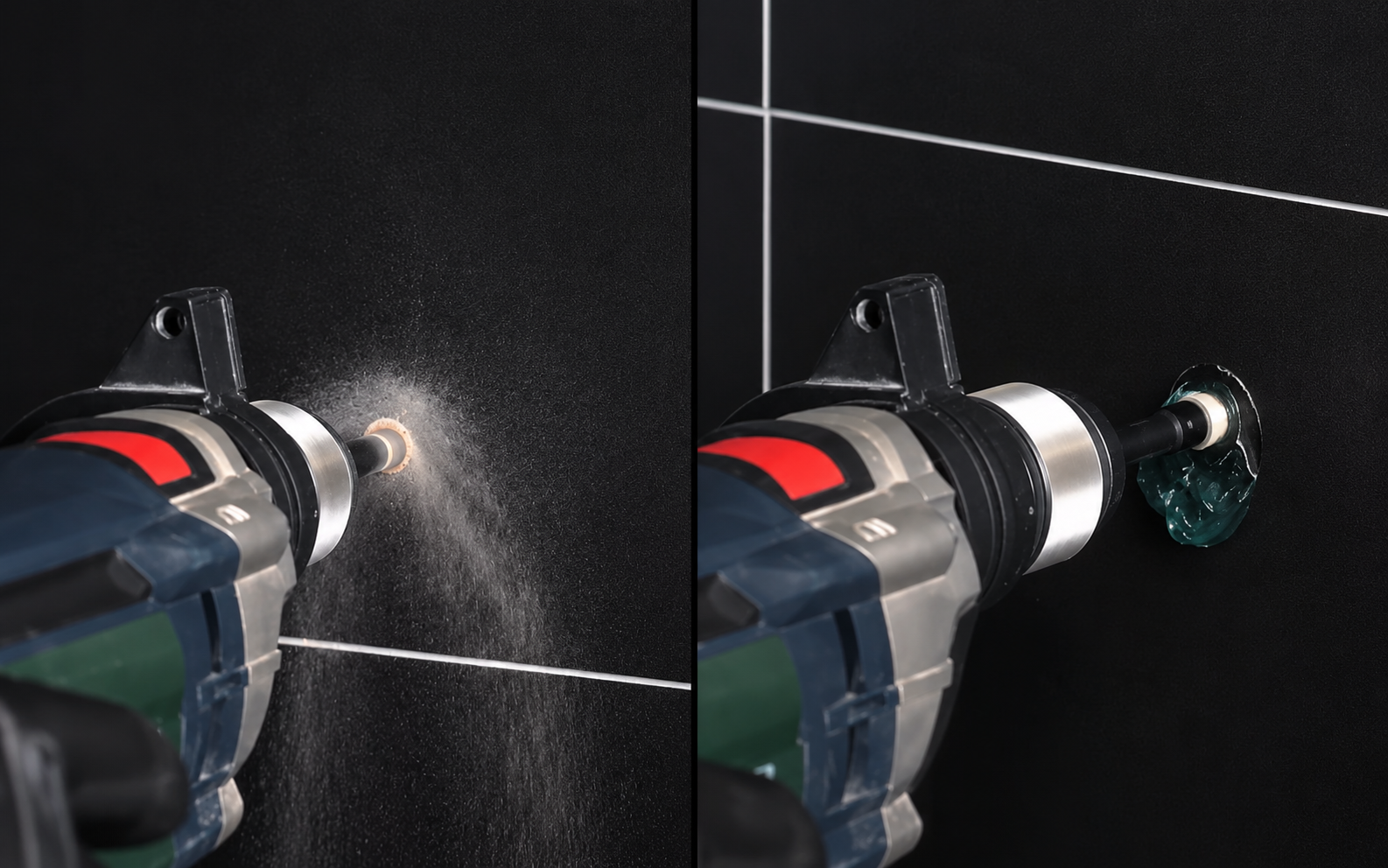 A split-screen demonstration of a cordless drill with a hole saw bit drilling into a black tiled surface, with dust visible on the left and the hole being formed on the right using gel coolant 