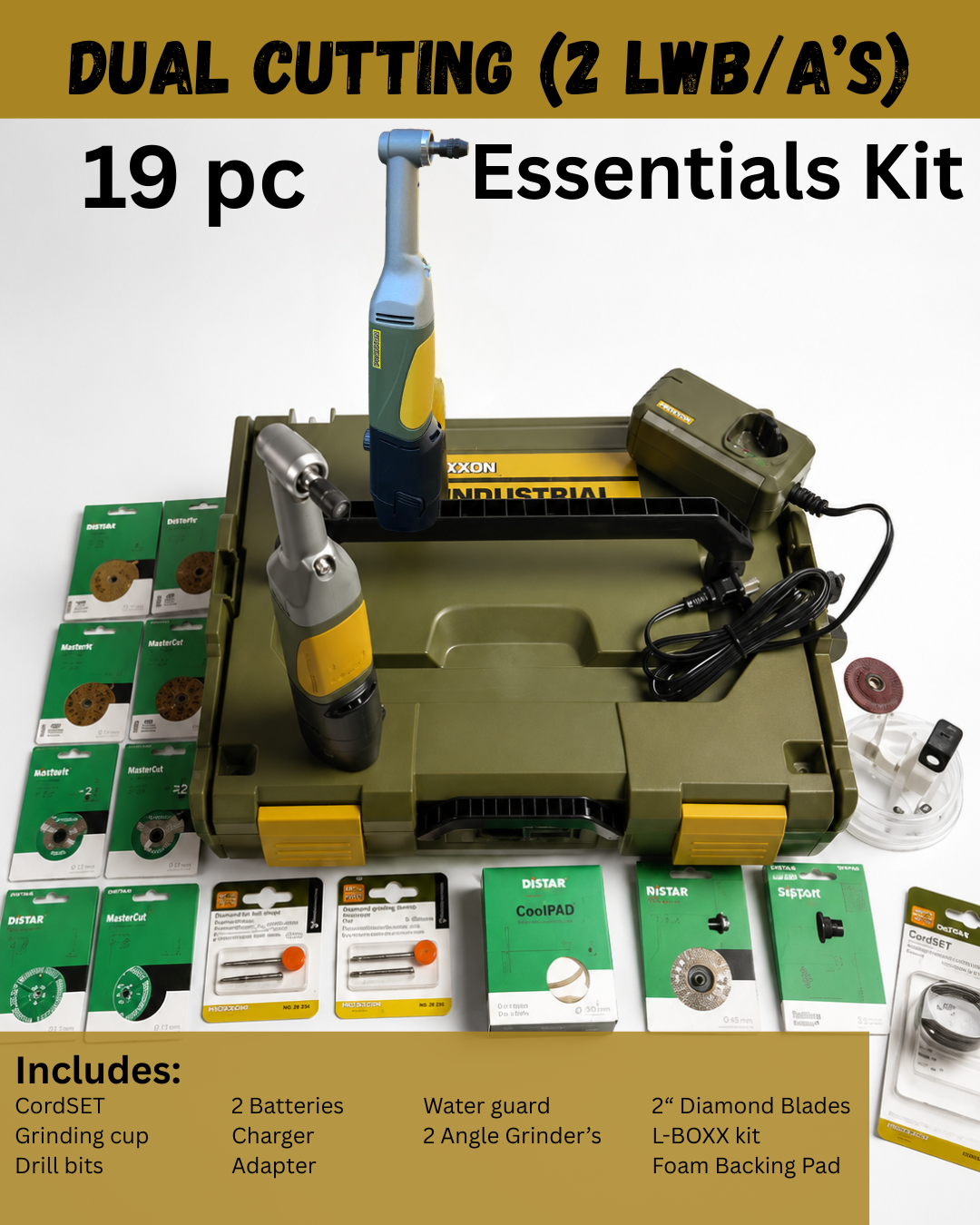 Full Proxxon Distar kit that contains lboxx lwb/a long neck angle grinder wp/a polisher diamond blades grinding cups water guard and cordset diamond wire 
