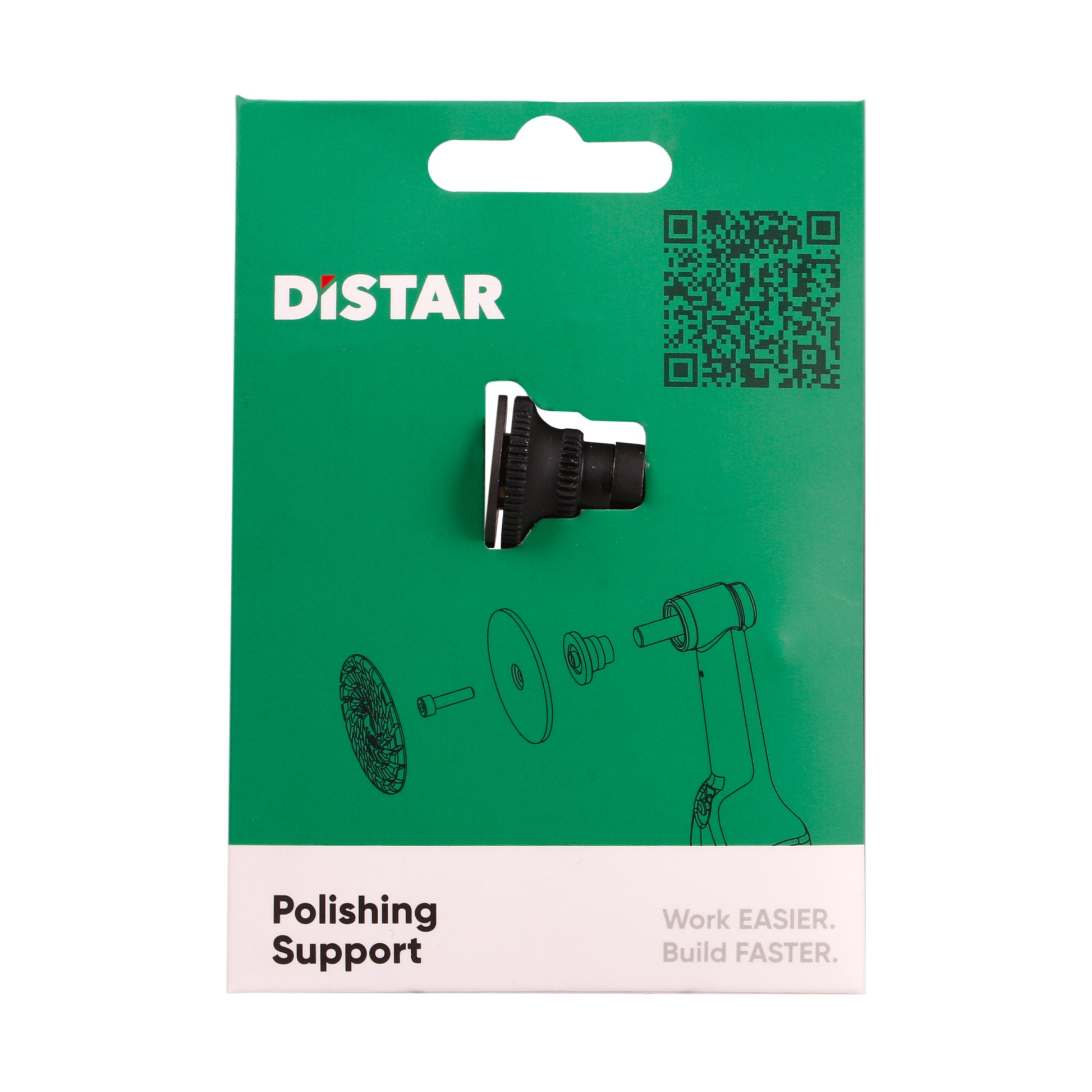 Distar polishing support tool packaging with green background and QR code.