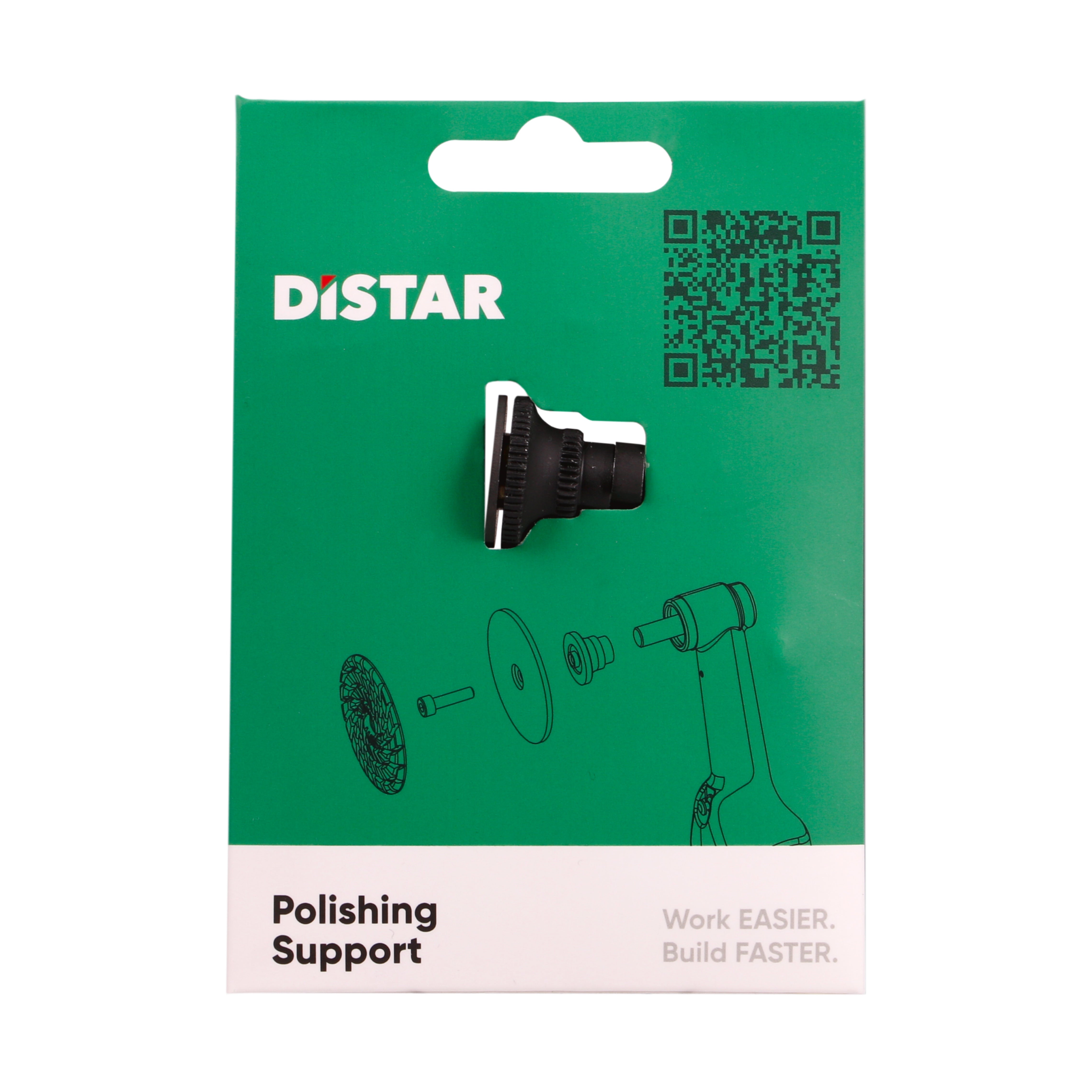 Distar polishing support tool packaging with green background and QR code.