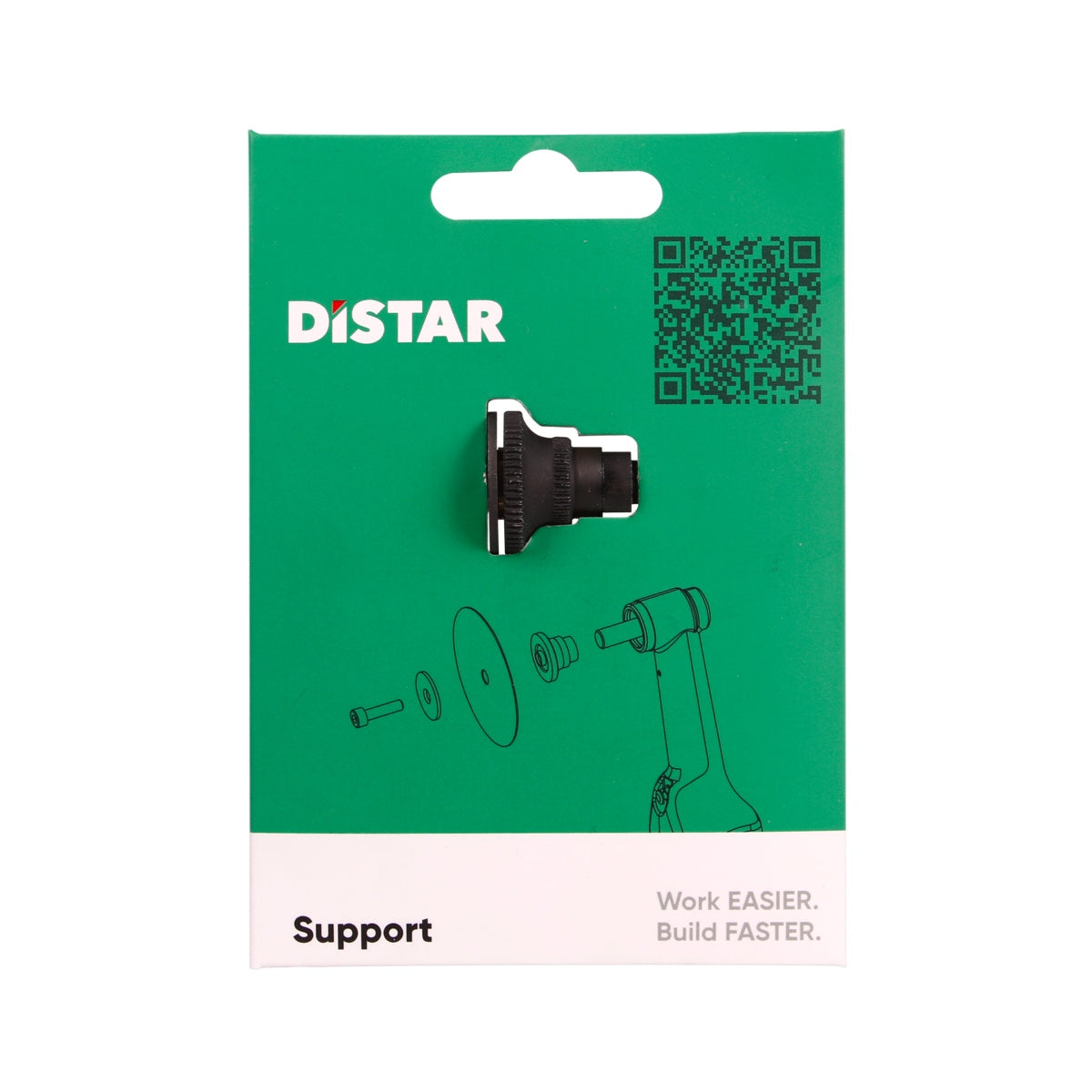 Distar support component packaging with green background and QR code.