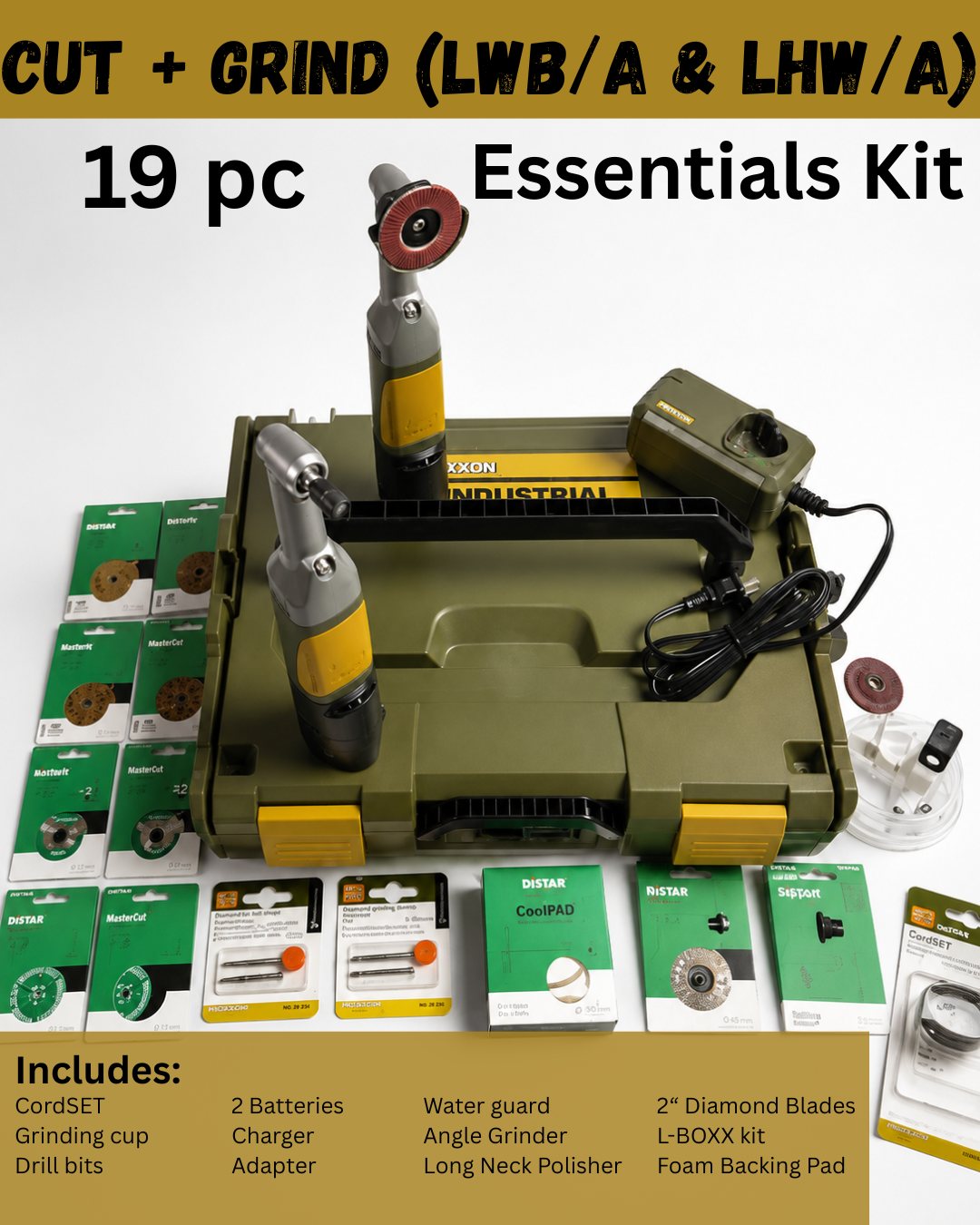 Full Kit Proxxon Distar with battery charger sturdy box diamond blades grinding cups lwb/a angle grinder lhw/a grinder water guard and drill bits