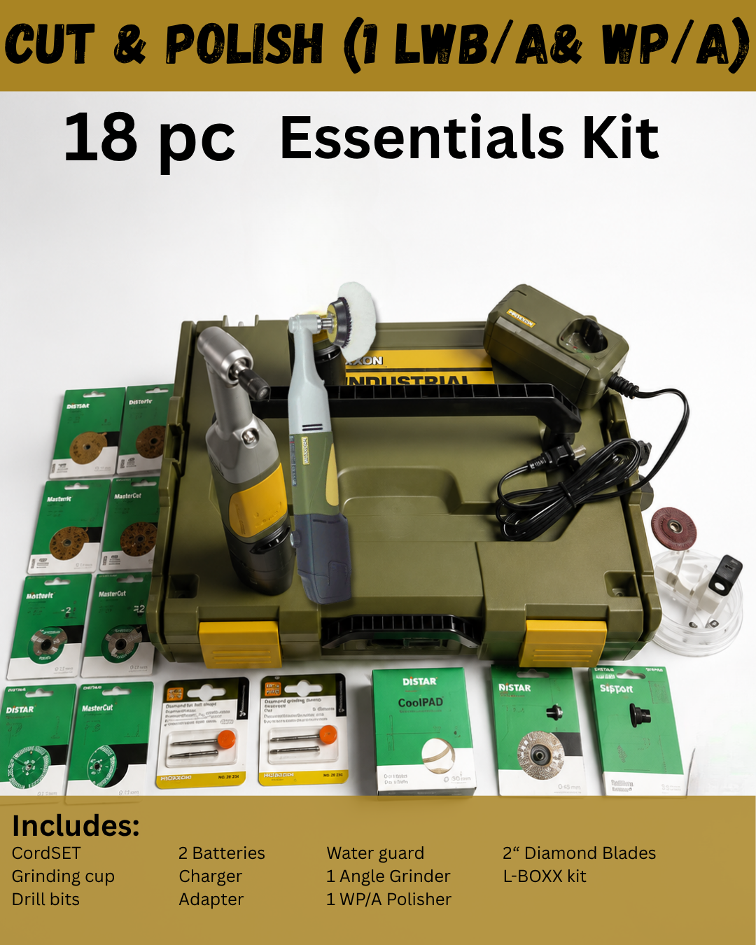 Essentials Kit with Long Neck Angle Grinder and WP/A Proxxon polisher distar diamond blades and grinding cups, for tile cutting and fabrication